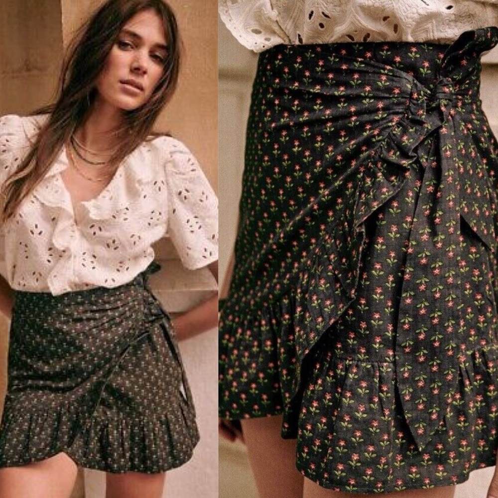 Sezane Camila Wrap Tie Mini Skirt in Red Floral